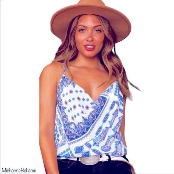 Boho Blue Bandana Print Cowl Neck Cami Tank - Picture 1 of 3